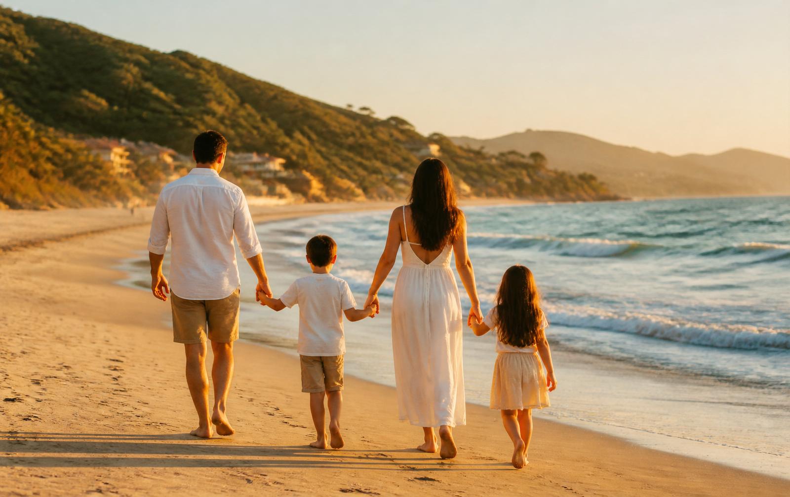 Família caminhando na praia ao pôr do sol